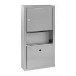 Stainless steel wall mounted supply bin for paper towels with a waste bin, brushed