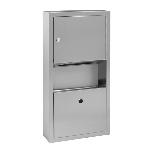 Stainless steel wall mounted supply bin for paper towels with a waste bin, brushed