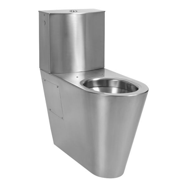 Stainless steel toilet for disabled people with a tank with bottom water inlet 