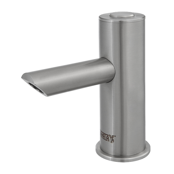 Piezo stainless steel washbasin tap for cold or premixed water, longer outlet arm, 6 V