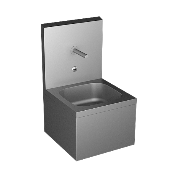 Stainless steel wall hung sink with integrated electronics, thermostatic mixer, 24 V DC
