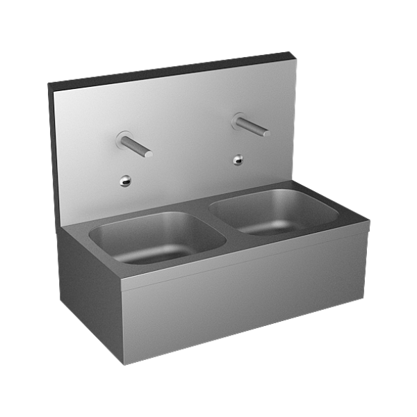 Stainless steel wall hung double sink with integrated electronics, thermostatic mixer, 24 V DC