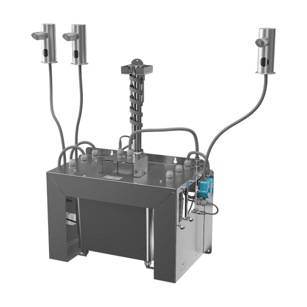 Set of 3 pcs. automatic stainless steel counter top soap dispensers, 6 l central soap canister, 230 V AC