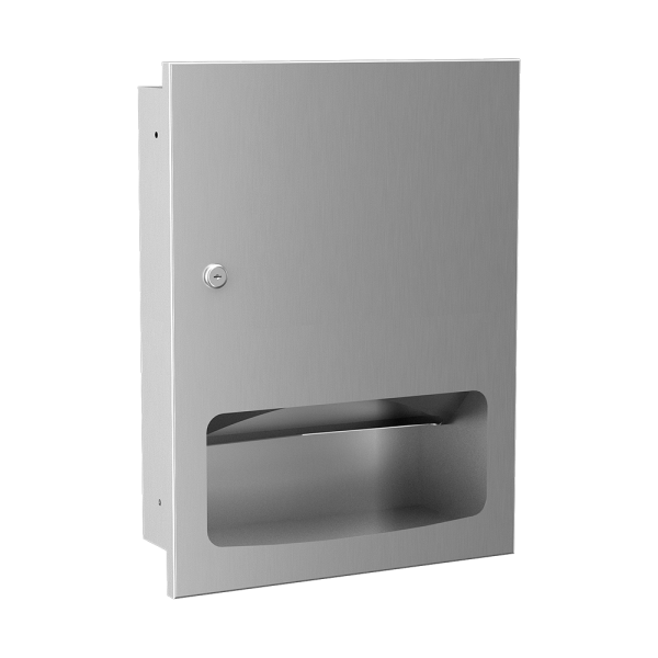 Stainless steel recessed supply bin for a folder paper towels, brushed