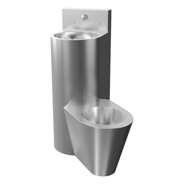 Vandal-proof corner combination unit, floor standing toilet on the right side