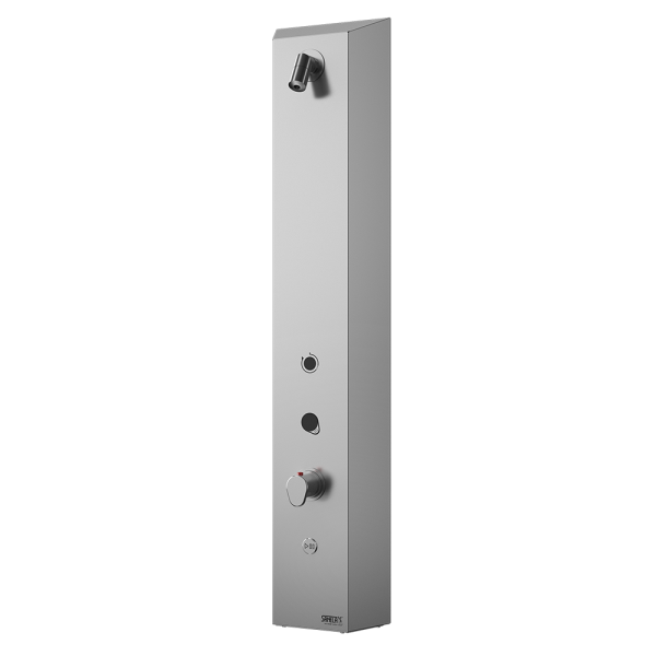 Stainless steel RFID token shower panel, with thermostatic mixer for cold and hot water, 24 V DC
